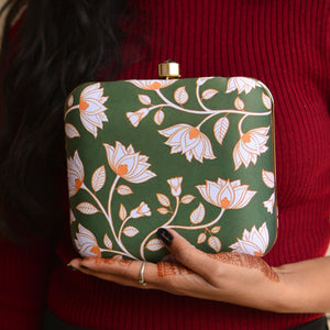 Green White Lotus Floral Printed Clutch