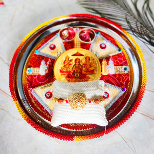 Laxmi Ganesh Rakhi Puja Thali With Designer Two Rakhi and Roli Chawal Set
