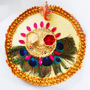 Designer Peacock Theme Rakhi Puja Thali With Designer Two Rakhi and Roli Chawal Set