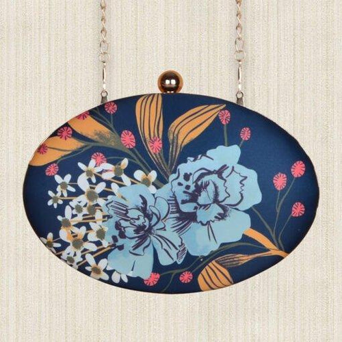 Blue Oval Floral Printed Clutch