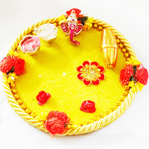 Beautiful Rakhi Puja Thali With Designer Two Rakhi and Roli Chawal Set