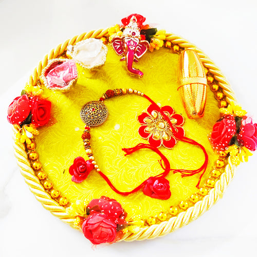Beautiful Rakhi Puja Thali With Designer Two Rakhi and Roli Chawal Set