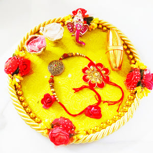 Beautiful Rakhi Puja Thali With Designer Two Rakhi and Roli Chawal Set