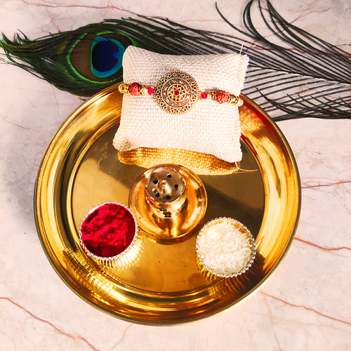 Rakhi Puja Thali With Designer Two Rakhi and Roli Chawal Set