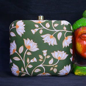 Green White Lotus Floral Printed Clutch