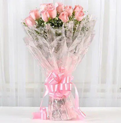 One Dozen Pink Roses Bouquet - Send Flowers Online
