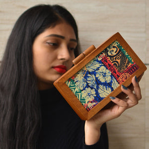 Blue Leaf Floral Forest Wood Clutches