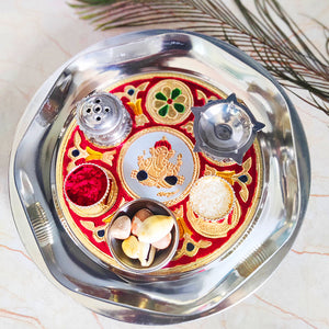 Exclusive Rakhi Puja Thali With Designer Two Rakhi and Roli Chawal Set