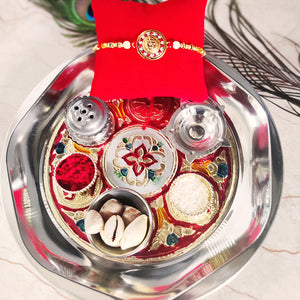 Exclusive Rakhi Puja Thali With Designer Two Rakhi and Roli Chawal Set