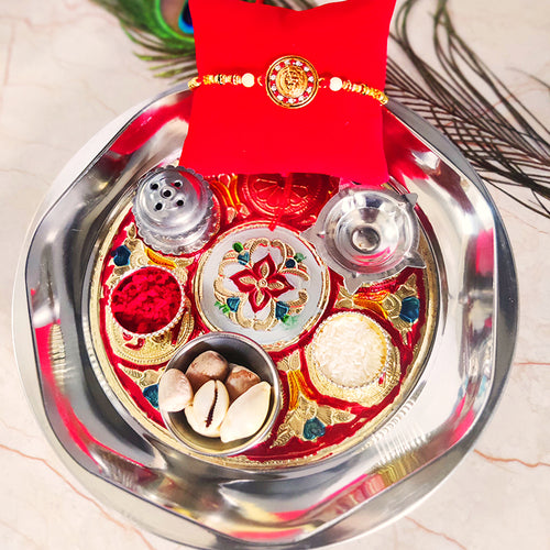Exclusive Rakhi Puja Thali With Designer Two Rakhi and Roli Chawal Set
