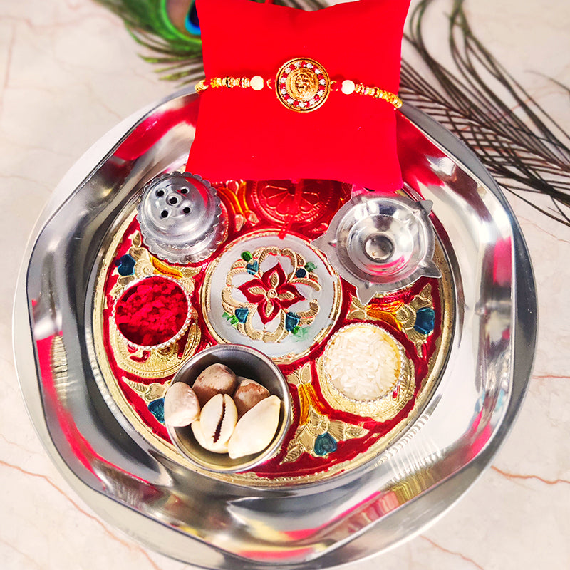 Exclusive Rakhi Puja Thali With Designer Two Rakhi and Roli Chawal Set