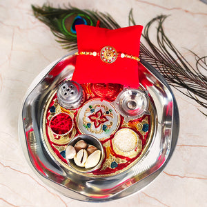 Exclusive Rakhi Puja Thali With Designer Two Rakhi and Roli Chawal Set