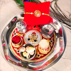 Exclusive Rakhi Puja Thali With Designer Two Rakhi and Roli Chawal Set