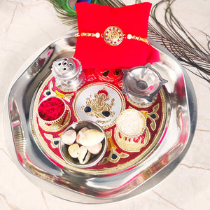 Exclusive Rakhi Puja Thali With Designer Two Rakhi and Roli Chawal Set