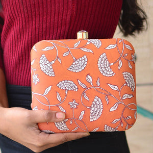 Peach White Floral Printed Clutch