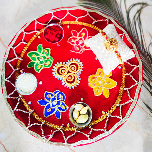 Elegant Designer Rakhi Puja Thali With Designer Two Rakhi and Roli Chawal Set