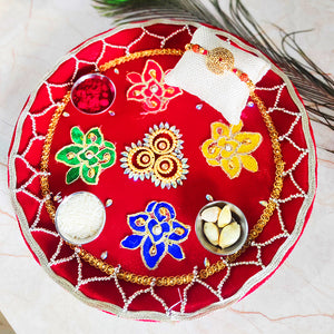 Elegant Designer Rakhi Puja Thali With Designer Two Rakhi and Roli Chawal Set