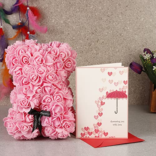 Valentine Gift Artificial Pink Roses Teddy Bear with Greeting Card | Valentine Gift for Girlfriend/ Boyfriend/ Wife/ Husband