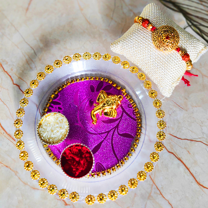 Auspicious Rakhi Puja Thali With Designer Two Rakhi and Roli Chawal Set
