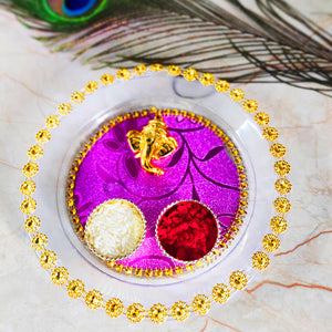 Auspicious Rakhi Puja Thali With Designer Two Rakhi and Roli Chawal Set