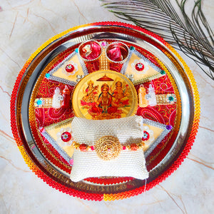 Laxmi Ganesh Rakhi Puja Thali With Designer Two Rakhi and Roli Chawal Set