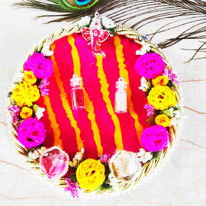 Eye Catching Rakhi Puja Thali With Designer Two Rakhi and Roli Chawal Set