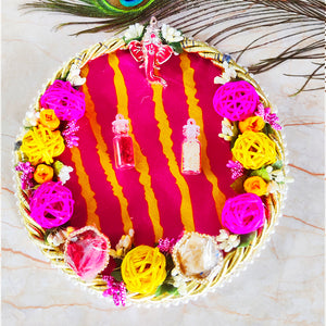 Eye Catching Rakhi Puja Thali With Designer Two Rakhi and Roli Chawal Set