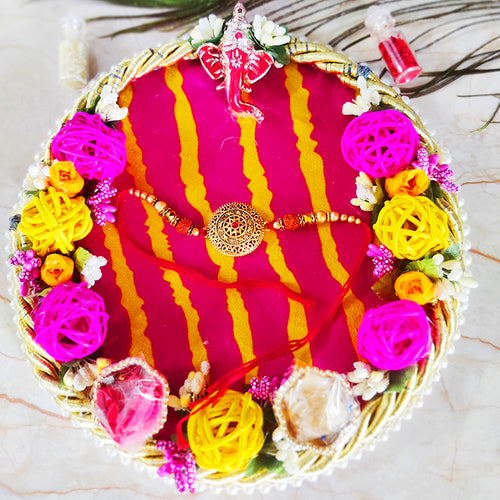 Eye Catching Rakhi Puja Thali With Designer Two Rakhi and Roli Chawal Set