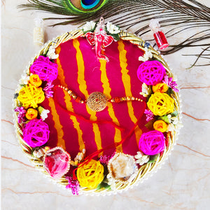 Eye Catching Rakhi Puja Thali With Designer Two Rakhi and Roli Chawal Set
