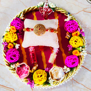 Eye Catching Rakhi Puja Thali With Designer Two Rakhi and Roli Chawal Set
