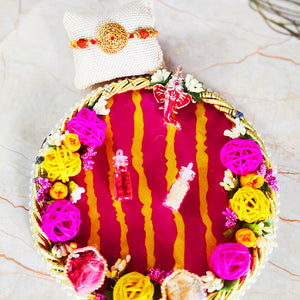 Eye Catching Rakhi Puja Thali With Designer Two Rakhi and Roli Chawal Set