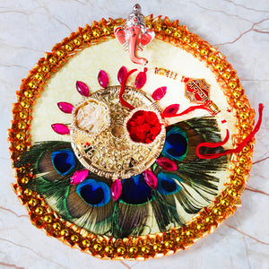 Designer Peacock Theme Rakhi Puja Thali With Designer Two Rakhi and Roli Chawal Set