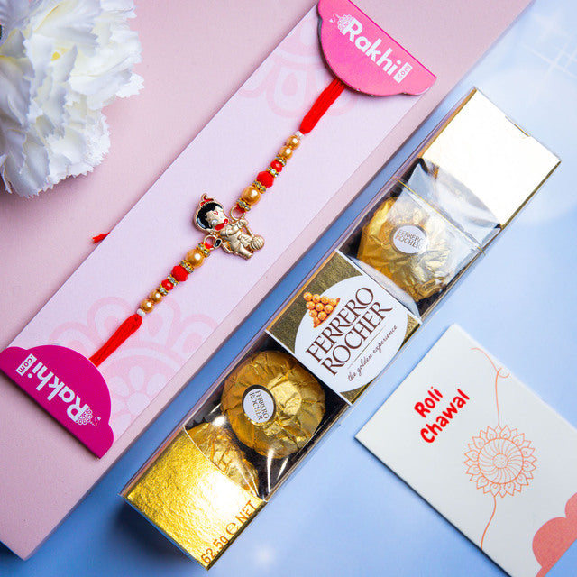 Golden Hanuman Rakhi And Ferrero Rocher Chocolates - For Australia