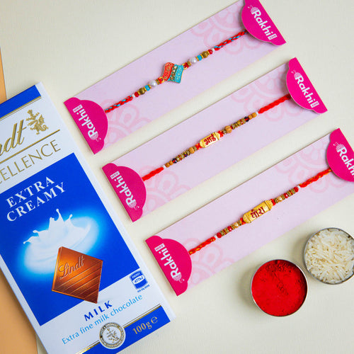 3 Rakhi Set with Lindt Extra Creamy Chocolate Bar - For Australia