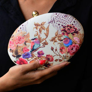 Oval White Printed Clutch