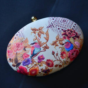 Oval White Printed Clutch