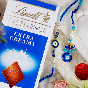 Blue Designer Bhaiya Bhabhi Rakhi with Chocolate - For USA