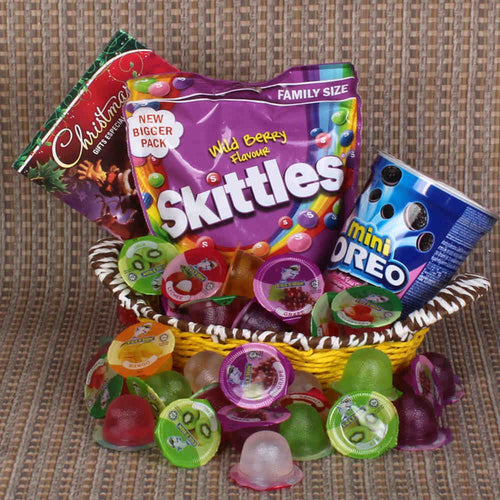 CHRISTMAS GIFT BASKET OF SKITTLES AND MINI OREO WITH FRUIT JELLY