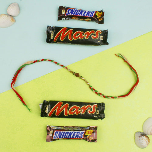 Exquisite Rudraksha Rakhi with Chocolate Bars - For Canada