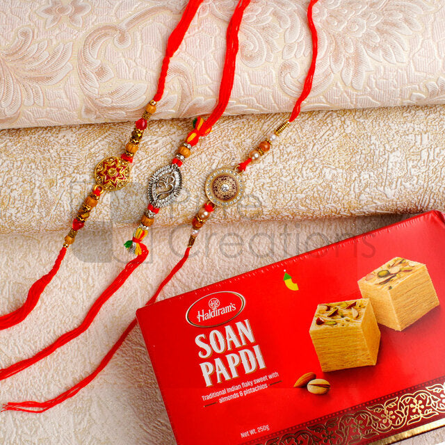 Fancy Three Set of Rakhi with Sweet - For Canada