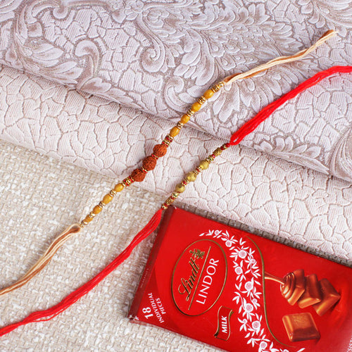 Beads Golden Rudraksha Rakhi with Chocolate - For Canada