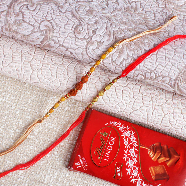 Beads Golden Rudraksha Rakhi with Chocolate - For Canada