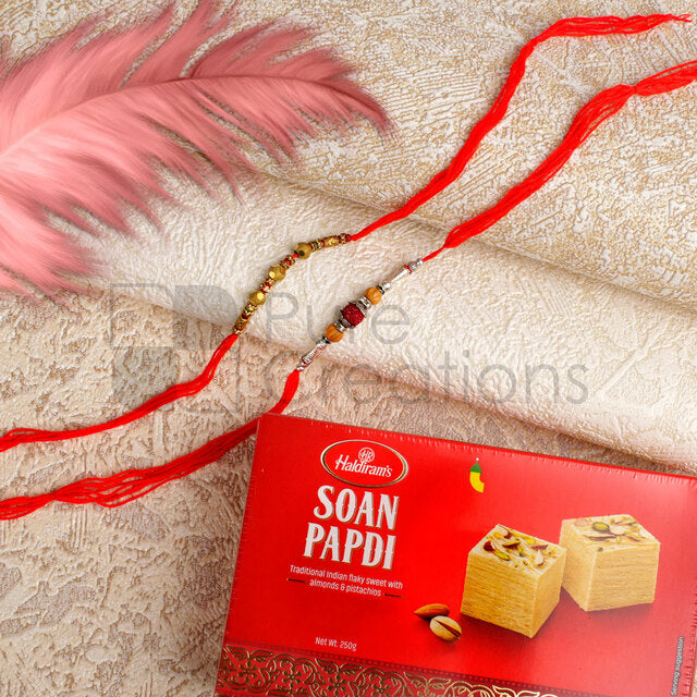 Golden Beads Rakhi Set With Soan Papdi - For Canada