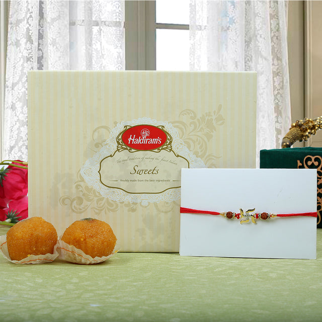 Swastik Rakhi with Ladoo - For UK
