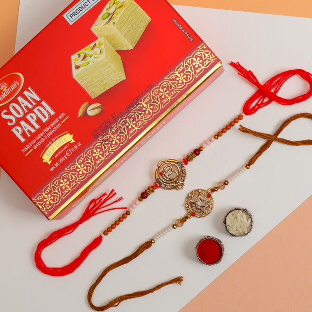 Two Punjabi Style Rakhi With Soan Papdi - For New Zealand