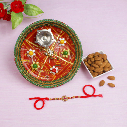Beautiful Rakhi with Puja Thali Dry Fruit Hamper - For USA