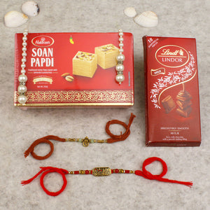 Alluring Rakhi Set with Sweet Chocolate Hamper - For USA