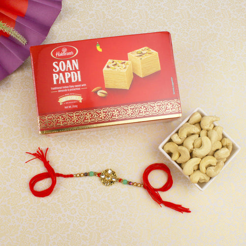 Kundan Diamond Rakhi with Sweet & Cashew Nuts - For USA