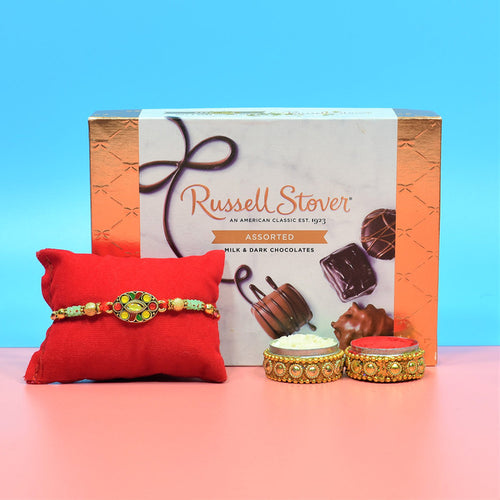 Oval Colourful Crystal Rakhi with Russell Stover Chocolate - For USA