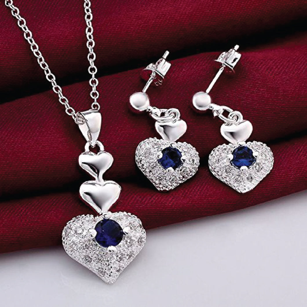 Plated Rich Royal Blue Heart Pendant and Earrings Set for Women and Girls